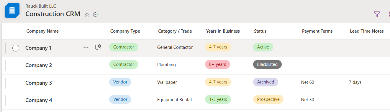 Vendor company CRM screenshot