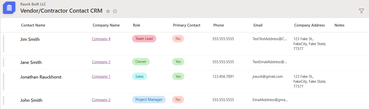 Vendor contact CRM screenshot